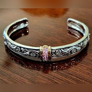 LYRIC Solid 18KT GOLD 925 Sterling Silver Pink Topaz Embossed Cuff Bracelet!